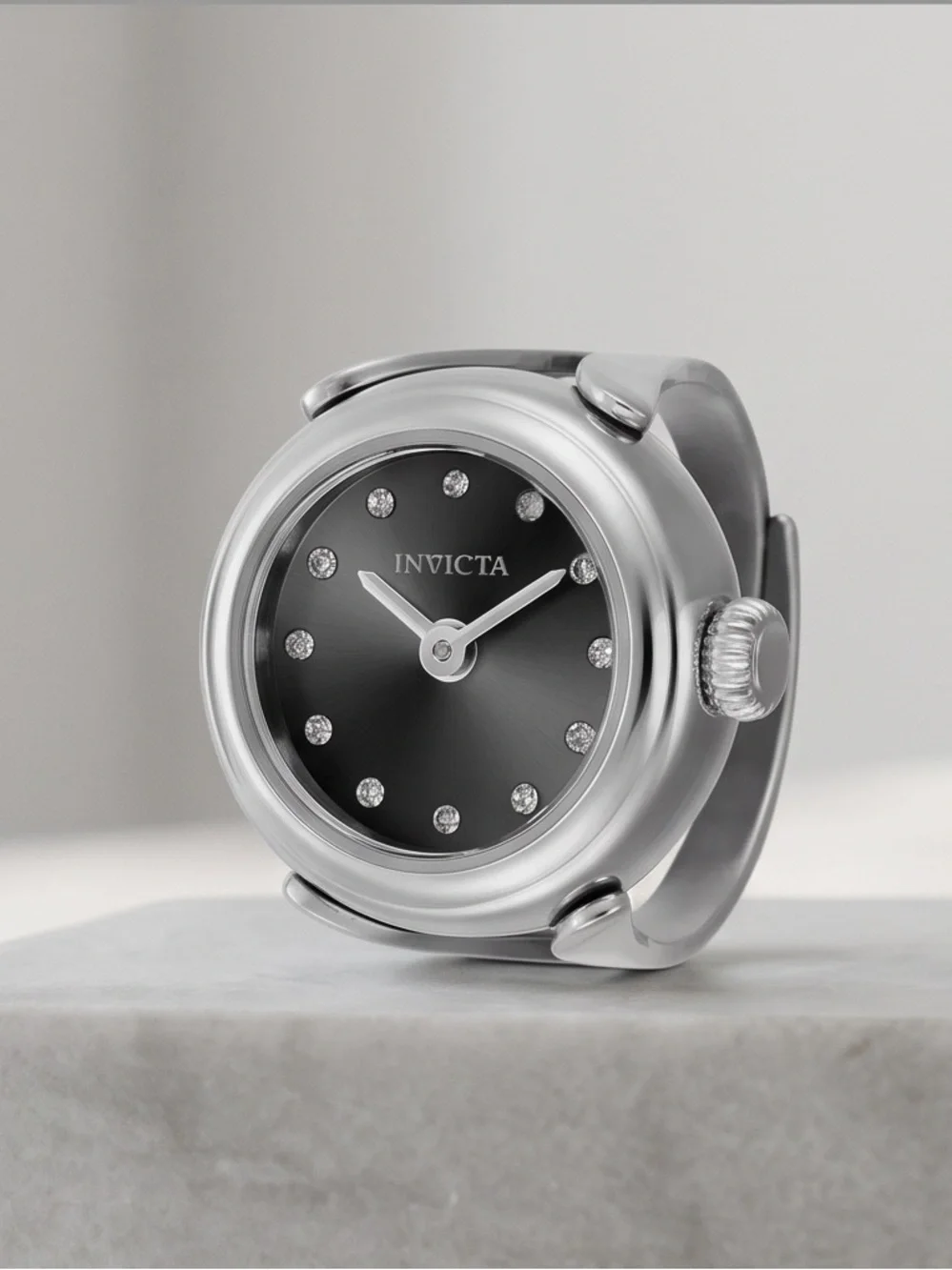 Invicta Silver Black Dial Watch Ring with Crystal Markers